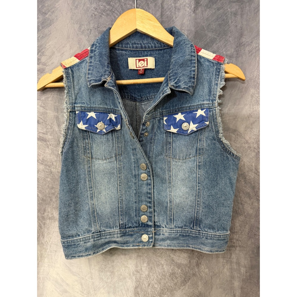 lei Womens American Flag Denim Vest Medium Blue Stars Stripes Frayed Cropped